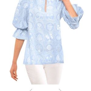 Gretchen Scott Designs Circle of Love  Blue Ruffled Blouse with Mandarin Collar